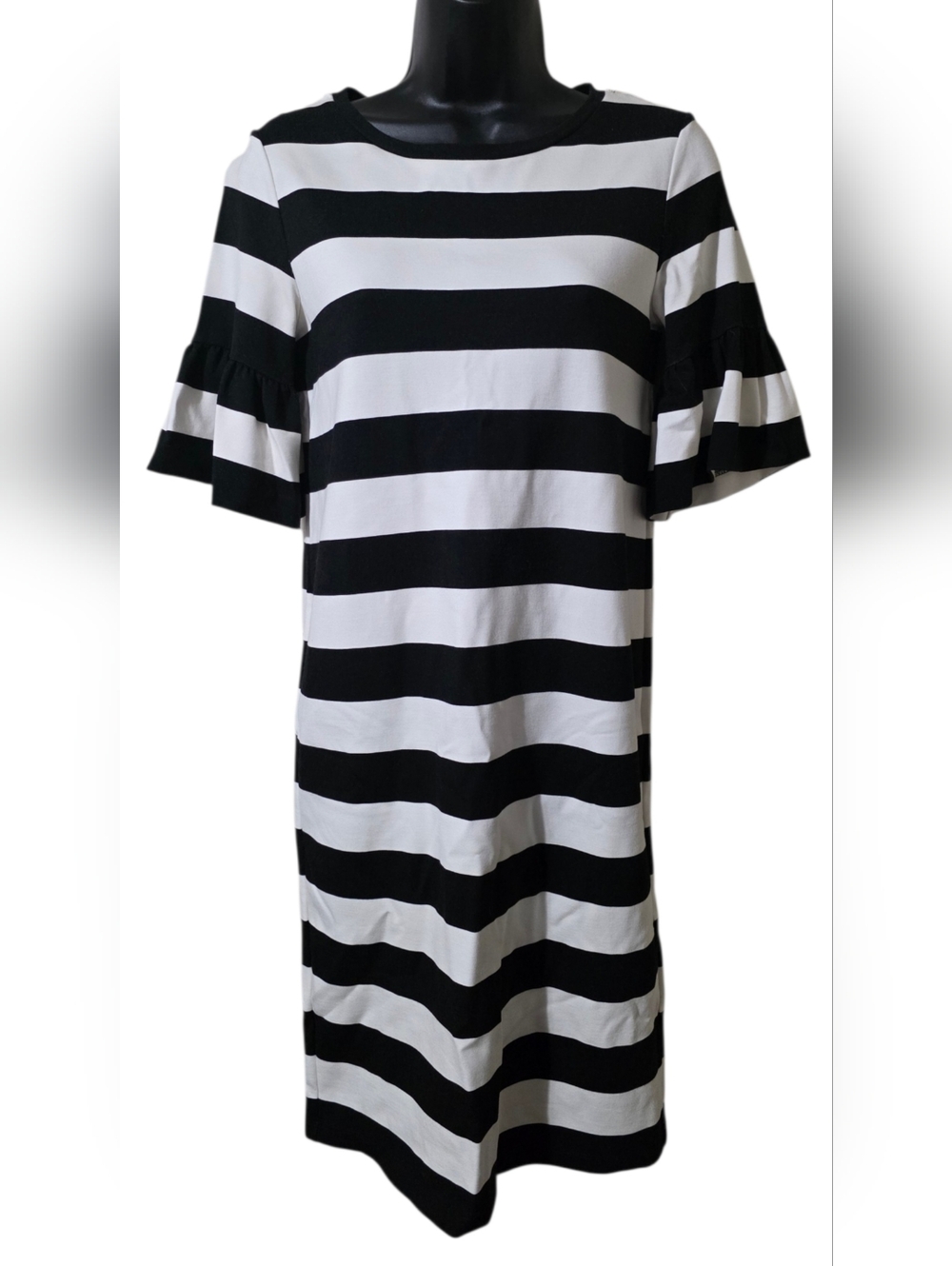 Ralph Lauren Black and White Striped Ruffle Sleeve Dress With Zipper In The Back